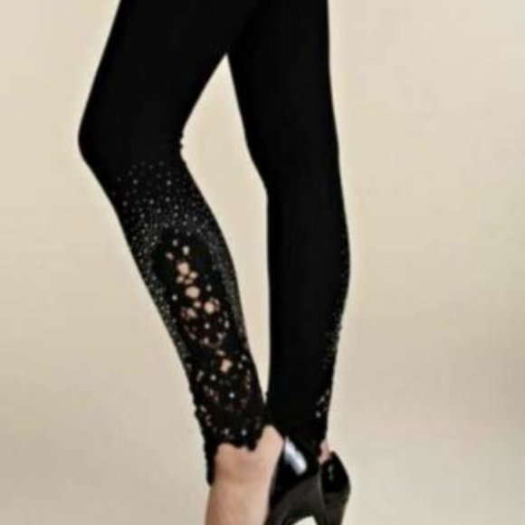 NWT VOCAL CRYSTAL LACE & STONES SLIMMING slenderizing LEGGINGS SM-4X BLK rocker - Picture 7 of 9